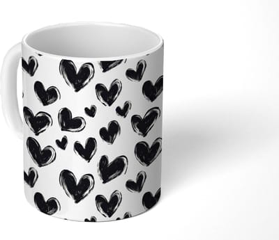 Mok - Koffiemok - Hartjes - Patroon - Zwart - Mokken - 350 ML - Beker - Koffiemokken - Theemok