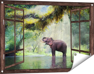 Gards Tuinposter Doorkijk Vrolijke Olifant in het Water - 90x60 cm - Tuindoek - Tuindecoratie - Wanddecoratie buiten - Tuinschilderij