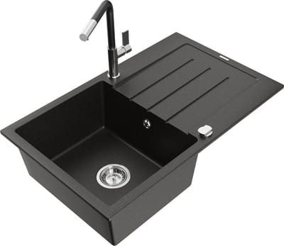 Mexen Bruno granieten spoelbak met 1 bak, afdruiprek en keukenmengkraan Flora, zwart/goud metallic - 6513-75-670401-07
