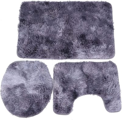 Set van 3 Badkamer Tapijten met Toiletbrilmat, Wasbare Shag Rug en Antislip Toiletmat in Paars