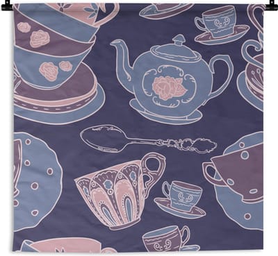 Wandkleed - Wanddoek - Patroon - Thee - Kop - Theepot - 90x90 cm - Wandtapijt