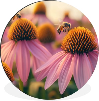 WallCircle - Wandcirkel - Muurcirkel - Bloemen - Paars - Bijen - Aluminium - Dibond - 30x30 cm - Binnen en Buiten