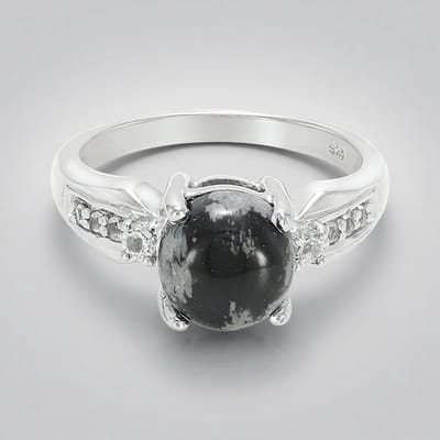 Cavill - Zilveren Ring Sneeuwvlokken Obsidiaan 1,89 ct - 925 Sterling Zilver - Witte Topaas 0,18 ct - Ronde Cabochon 8 mm - Modern Design - Maat 17