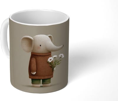 Mok - Koffiemok - Olifant - Witte bloemen - Kindvriendelijk - Mokken - 350 ML - Beker - Koffiemokken - Theemok