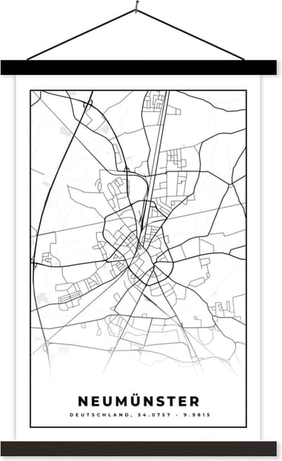 Posterhanger incl. Poster 40x60 cm - Schoolplaat - Plattegrond - Neumünster - Kaart - Stadskaart - Textielposter - Zwarte latten - Stadskaart