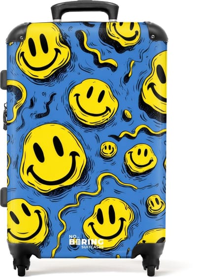 NoBoringSuitcases.com - Grote koffer - Gele kronkelende smiley's op een blauwe achtergrond - Kinderkoffer geschikt voor jongen en meisjes - Reiskoffer met 4 wielen - Trolley op wieltjes - Rolkoffer groot kinderen - 72 liter - Ruimbagage valies 20kg