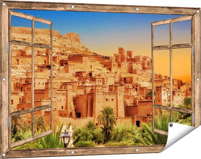 Gards Tuinposter Doorkijk Kasbah Ait Ben Haddou Stad in Marokko - 120x80 cm - Tuindoek - Tuindecoratie - Wanddecoratie buiten - Tuinschilderij