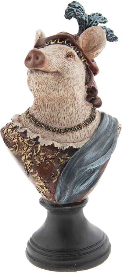 Clayre & Eef Decoratie Beeld Varken 14*11*26 cm Bruin, Blauw Kunststof Decoratief Figuur Decoratieve Accessoires Woonaccessoires