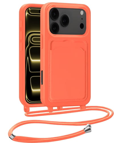 Hoesje Geschikt voor iPhone 17 Pro Max Telefoonhoesje Met Koord Case Pashouder Siliconen - Hoes Geschikt voor iPhone 17 Pro Max Hoesje Met Kaarthouder - Papaya