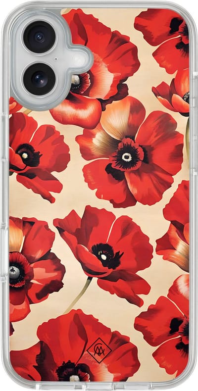 Casimoda® hoesje - Geschikt voor iPhone 16 - Poppy Garden - 2-in-1 case - Schokbestendig - Bloemen - Verhoogde randen - Rood, Transparant
