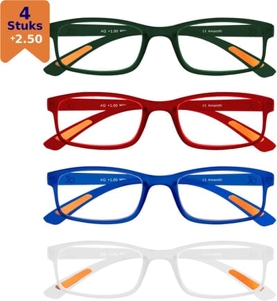 Amazotti Milano Leesbrillen +2.50 – Leesbril met sterkte – Dames en Heren – Kunststof – Groen, Rood, Blauw, Transparant – Set van 4