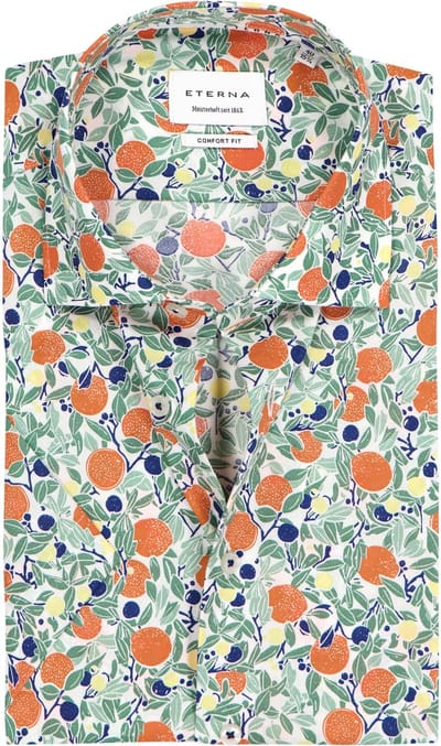 ETERNA comfort fit overhemd korte mouw - popeline - wit met groen - blauw en oranje fruit dessin - Strijkvrij - Boordmaat: 40 (EU maat: M)