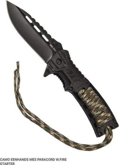 Survival mes met camo paracord, fluitje en vuurstarter -One hand knive camouflage