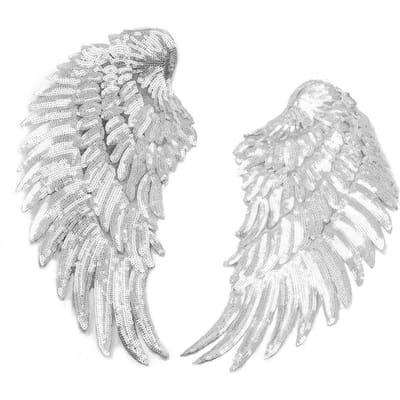 2 pièces Écussons à Sequins Ailes d'Ange Argentés Thermocollants Brodés Décoration pour Vêtements DIY Jupe Sac Chaussures