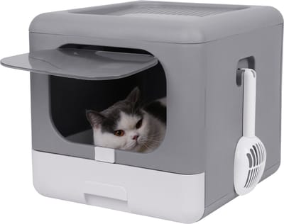 BingoPaw kattenbak met deksel - kattenbak opvouwbare huisdierentoilet inclusief voordeur - bodembak en strooischop - geurvrij - 43x40,5x37,5 cm - grijs
