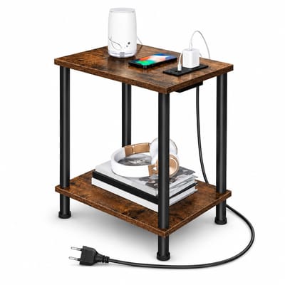 BOTC Bijzettafel met oplaadstation - Salontafel met USB-poort en stopcontact - Nachtkastje met 2 opbergplanken - Rustiek bruin