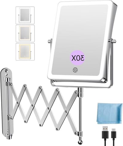 Make-upspiegel met Verlichting - Vergrootspiegel Wandmontage - Nauwkeurige Make-up - 3 Kleuren Instelbaar - 20 x 20 cm - Chroom