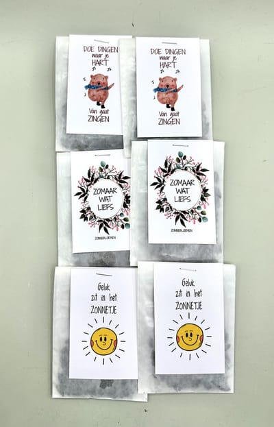 Zonnebloemen, 6 zakjes met drie verschillende teksten, kadozakje, klein kadootje, zonnebloem, uitdeel,