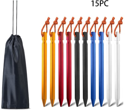15-Stuks Tentharingen -Tentstokken - Grondanker - Tent Haring - Grondhaken - Tent spijker -Grondpen -tentharing -met touwen - Inclusief opbergzakken -aluminium tentstokken - stevig voor het opzetten - geschikt voor sneeuw en zand - Meerkleurig