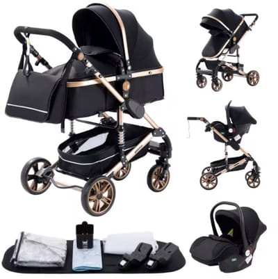 Luxe 3-in-1 Kinderwagen – Kwalitatieve Buggy – Autostoel - Opklapbare Wandelwagen – Incl tas - Zwartgoud