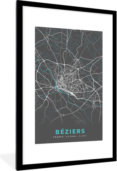 Fotolijst incl. Poster - Béziers – Plattegrond – Frankrijk – Kaart – Stadskaart - 80x120 cm - Posterlijst