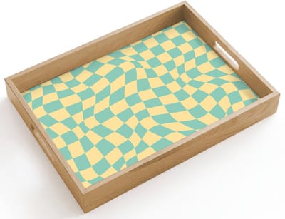 Dienblad hout 40x30 cm - Schootdienblad - Hokjes patroon - Geel - Blauw - Golvende lijnen - Borrelplank rechthoek - Plateau dienbladen