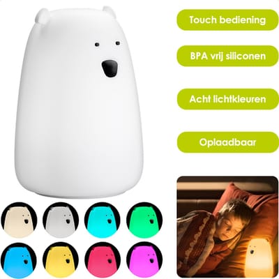 IJsbeer nachtlampje - Oplaadbaar - Draadloos - 9 lichtkleuren - Babykamer lampje - Zacht materiaal - Droomvoeding lamp