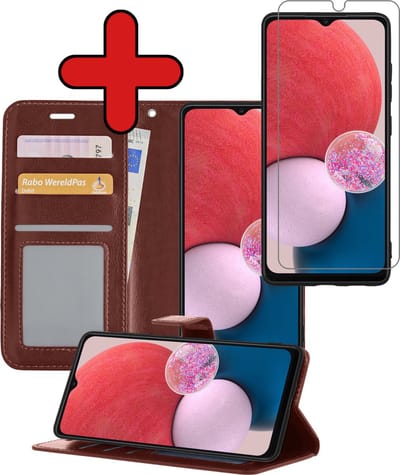 Hoesje - Met Screenprotector - Geschikt voor Samsung Galaxy A13 5G - Luxe Pasjeshouder - Flipcase - Bookcase Portemonee - Flip Case - Kunstleer Book Case - Book Cover - Walletcase - Portemonneehoes - Telefoonhoes - Bruin