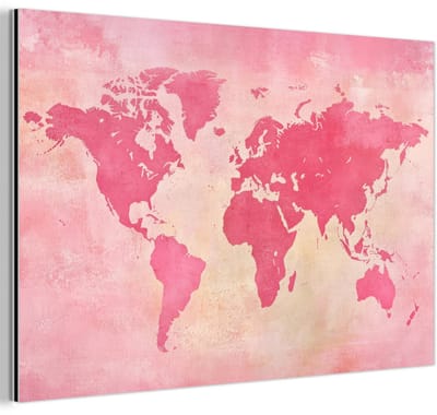 Aluminium schilderij 180x120 cm - Wanddecoratie metaal - Wereldkaart - Roze - Vaag - Metalen muurdecoratie woonkamer - Decoratie industrieel - Foto op dibond - Industriële accessoires slaapkamer