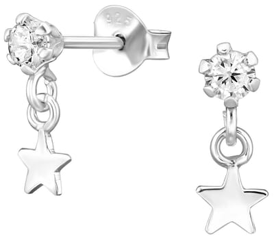 Joy|S - Zilveren ster bedel oorbellen - zirkonia - 4.3 x 12 mm - oorknoppen met bedel - sterling zilver 925 - kinderoorbellen