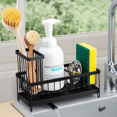 Dailygoods- Afwasorganizer met Automatisch Afvoersysteem - Keuken Opbergers - Keukenopbergers Organizer - Zwarte Organizer - Compacte Afmetingen 23.5x10.5x16 cm - Geschikt voor Afwasborstels - Keukenopberger