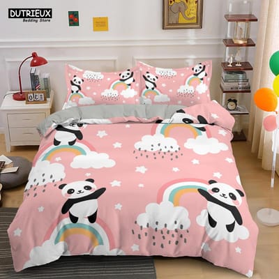 Dessin Animé Mignon Panda Ensemble de Literie Blanc Linge de Lit Impression 3D Cadeau Pour Filles 2/3 pièces Twin Simple Queen King Size Housse de Couette Ensemble EU single(135x200cm)