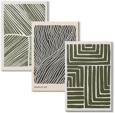 Wallfluent Set van canvas schilderijen - Patronen van lijnen en vormen in tinten groen Canvas Schilderijen Set - set 3 stuks 20x30 cm - Groente Set van Canvas Prints - Abstractie Canvas Kunst Set - Boheemse Canvas Kunst Set