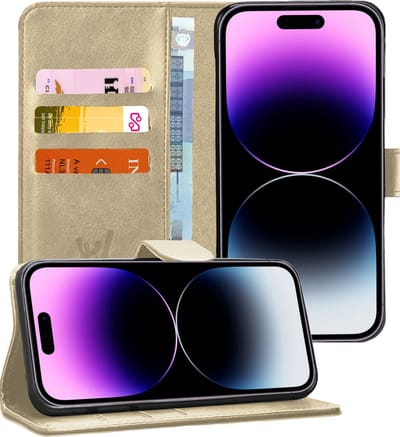 Hoesje geschikt voor iPhone 14 Pro - Book Case Kunstleer Wallet Cover Portemonnee Pasjeshouder Hoes Goud