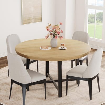 Ronde eettafel 47 inch voor 4 tot 6 personen – Modern houten blad met industrieel metalen onderstel – Ruimtebesparende keukentafel voor appartement en ontbijthoek – 120×120×76 cm – Houtkleur