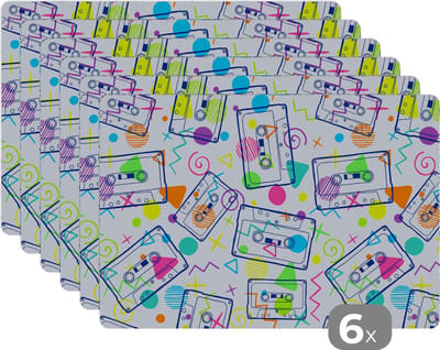 Placemat - Placemats kunststof - Patronen - Retro - Cassette - Jaren 80 - 45x30 cm - 6 stuks - Hittebestendig - Anti-Slip - Onderlegger - Afneembaar