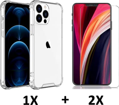 HB Hoesje Geschikt voor Apple iPhone 13 Pro Max - Transparant / 2X Glazen Screenprotector - Anti-Shock Hybrid Back Cover