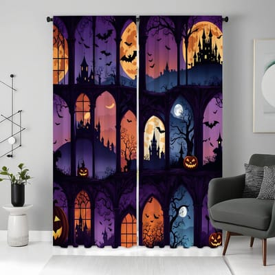 Lot de 2 rideaux décoratifs en forme de citrouille d'Halloween HD, imprimés numériquement, style décoration d'intérieur W52H63inchW132H160cm blue