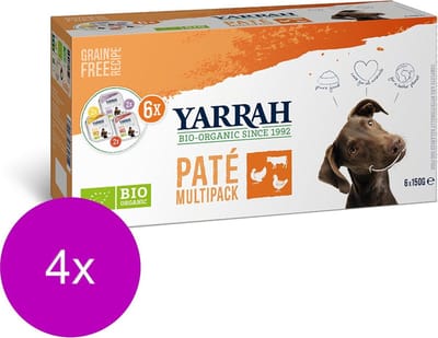 4x Yarrah Bio Hond Mult-Pack Alu Kuip - Kip, Kalkoen & Rund - Hondenvoer - 6x150g