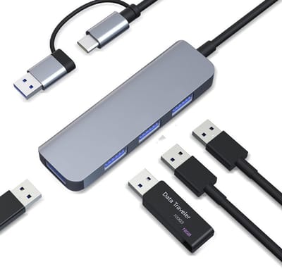 Dubbele USB-C- en USB-A-hub met 1 USB3.0-poort en 3 USB2.0-poorten