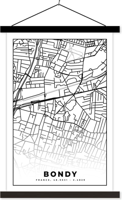 Posterhanger incl. Poster 40x60 cm - Schoolplaat - Kaart - Bondy - Stadskaart - Frankrijk - Plattegrond - Zwart wit - Textielposter - Zwarte latten - Stadskaart