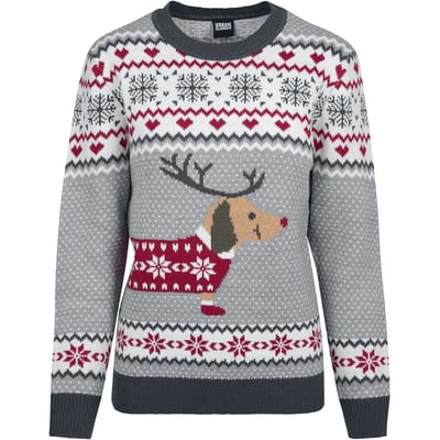 Urban Classics Christmas jumper - Ladies Sausage Dog Christmas Sweater - L tot 5XL - voor Vrouwen - groen-wit-rood