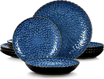Serviesset 4 personen Blauw - 12-delig en Porselein - Voor Diner, Keuken, Dagelijks Gebruik en Ontbijt