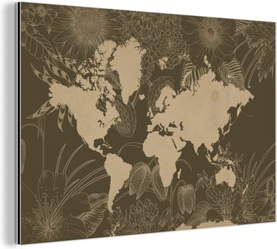 Wanddecoratie Metaal - Aluminium Schilderij Industrieel - Wereldkaart - Bloemen - Bruin - 120x80 cm - Dibond - Foto op aluminium - Industriële muurdecoratie - Voor de woonkamer/slaapkamer