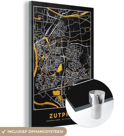 MuchoWow® Glasschilderij 40x60 cm - Schilderij acrylglas - Plattegrond - Zutphen - Goud - Zwart - Foto op glas - Schilderijen - Stadskaart