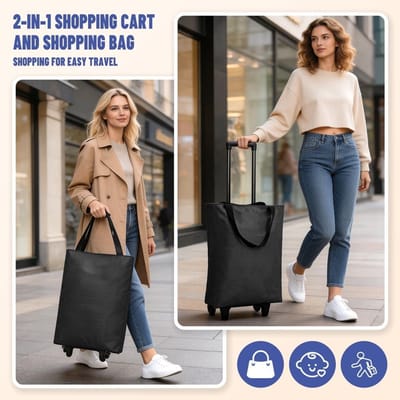 Vouwbare Winkelwagentje 30L - Lichtgewicht 2-in-1 Trolley met Tas voor Camping, Reizen en Supermarkten tot 25 kg (Zwart)