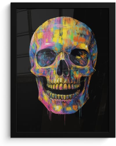 Poster in lijst - Fotolijst 30x40 cm - Posters - Penseelstreken - Schedel - Kleurrijk - Abstract - Posterlijst zwart - Decoratie - Wanddecoratie woonkamer - Muurdecoratie slaapkamer