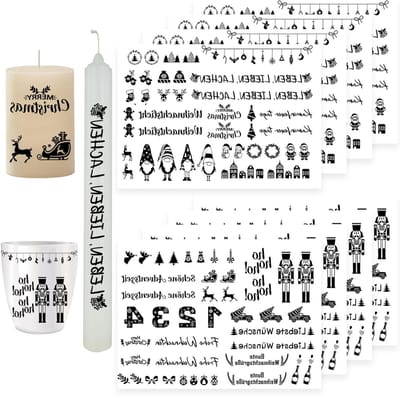 Set van 8 Kerstkaars Stickers, Kaarsdecoratie, DIY Cadeau, Kaars Tattoo, Creatieve Zegswijzen, Handgemaakte Kaarsen, Feestelijke Versiering, Unieke Cadeau Ideeën