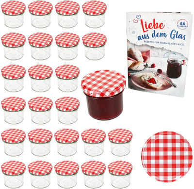 Set van 25 bekers 125 ml jampot inmaakpot Inmaakpot Naar 66 rood geruit deksel incl. Diamant-Zucker Gelierzauber receptenboekje