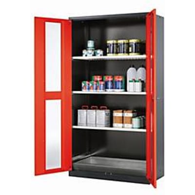asecos CS-CLASSIC-G chemische voorraadkast, scharnierende deuren met glasuitsparing, voorzijde in verkeersrood, B 1055 x D 520 x H 1950 mm